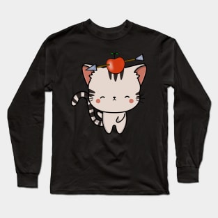 Funny Tabby cat is playing william tell with an apple and arrow Long Sleeve T-Shirt